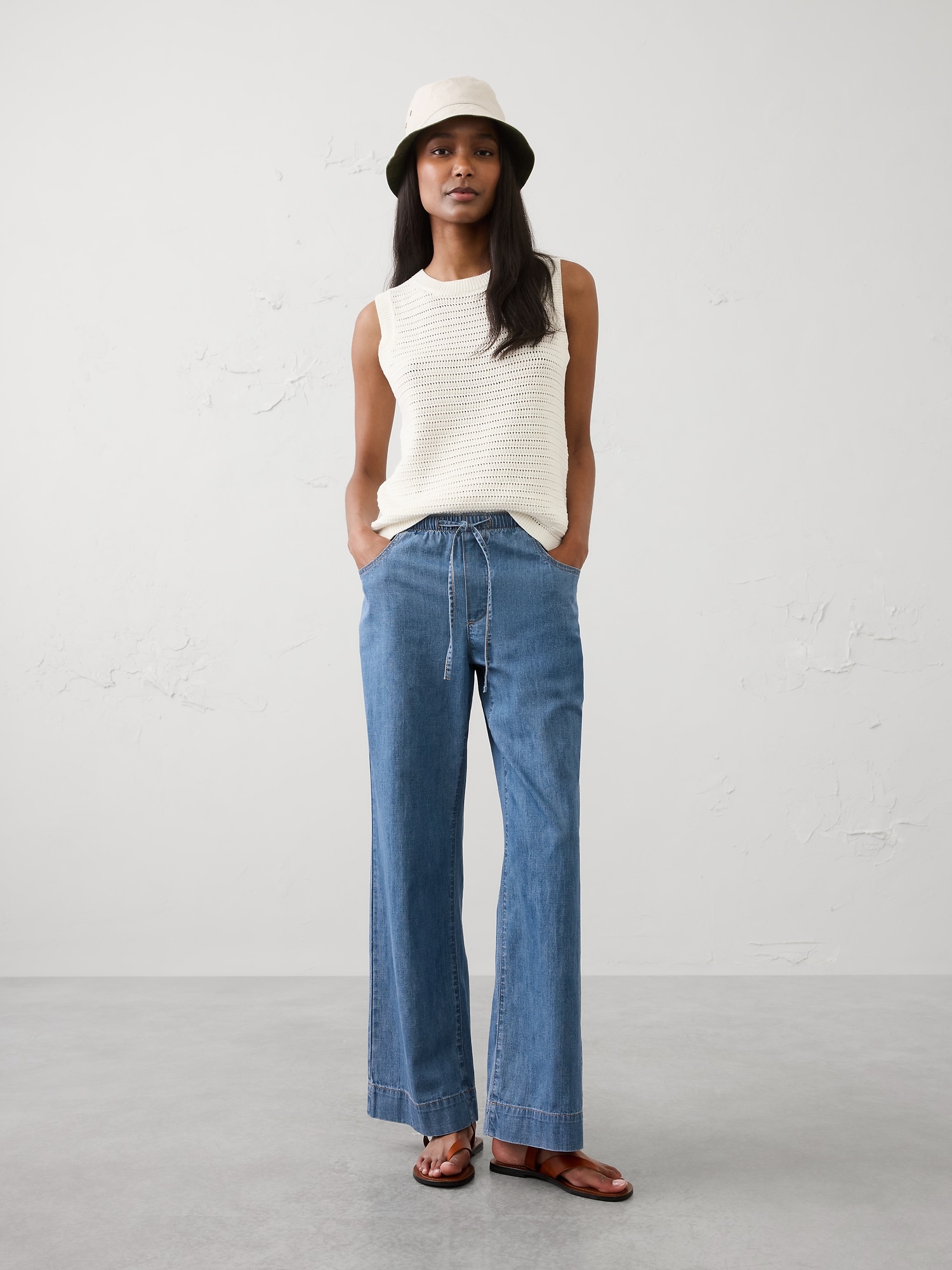 Image number 1 showing, Wide-Leg Mid-Rise Summerweight Pull-On Jean