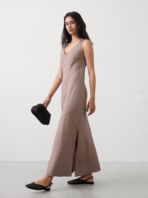 Linen-Blend Side-Slit Maxi Dress