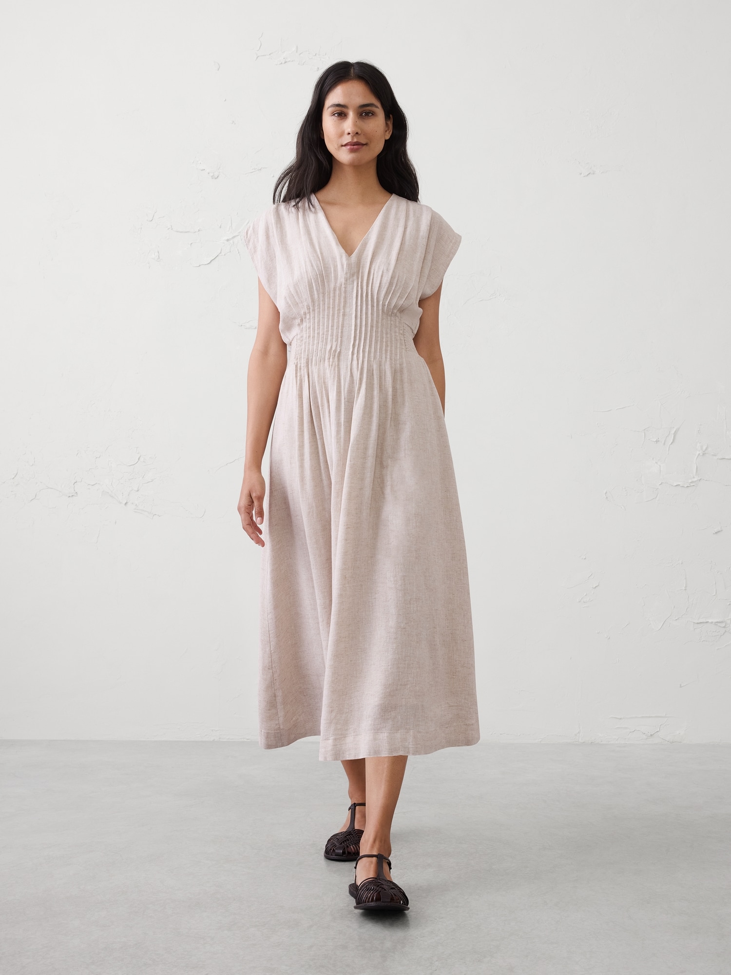 Image number 1 showing, Linen-Blend Pleated-Waist Midi Dress