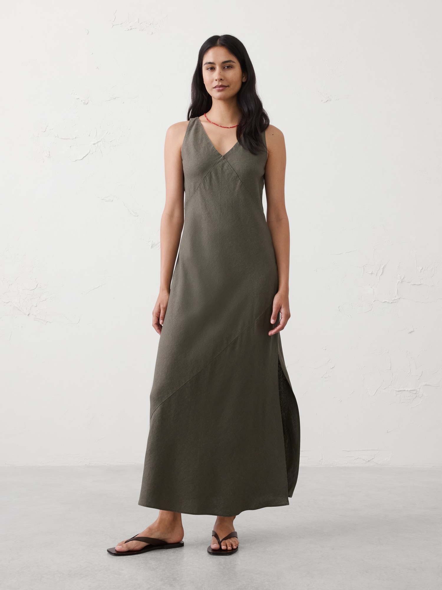 Image number 1 showing, Linen-Blend Side-Slit Maxi Dress