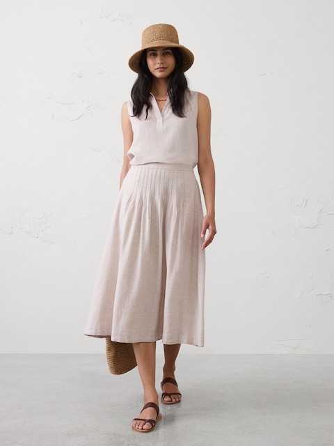 Linen-Blend Pintuck Midi Skirt