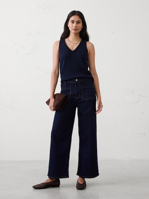 Wide-Leg High-Rise Patch Pocket Cropped Jean