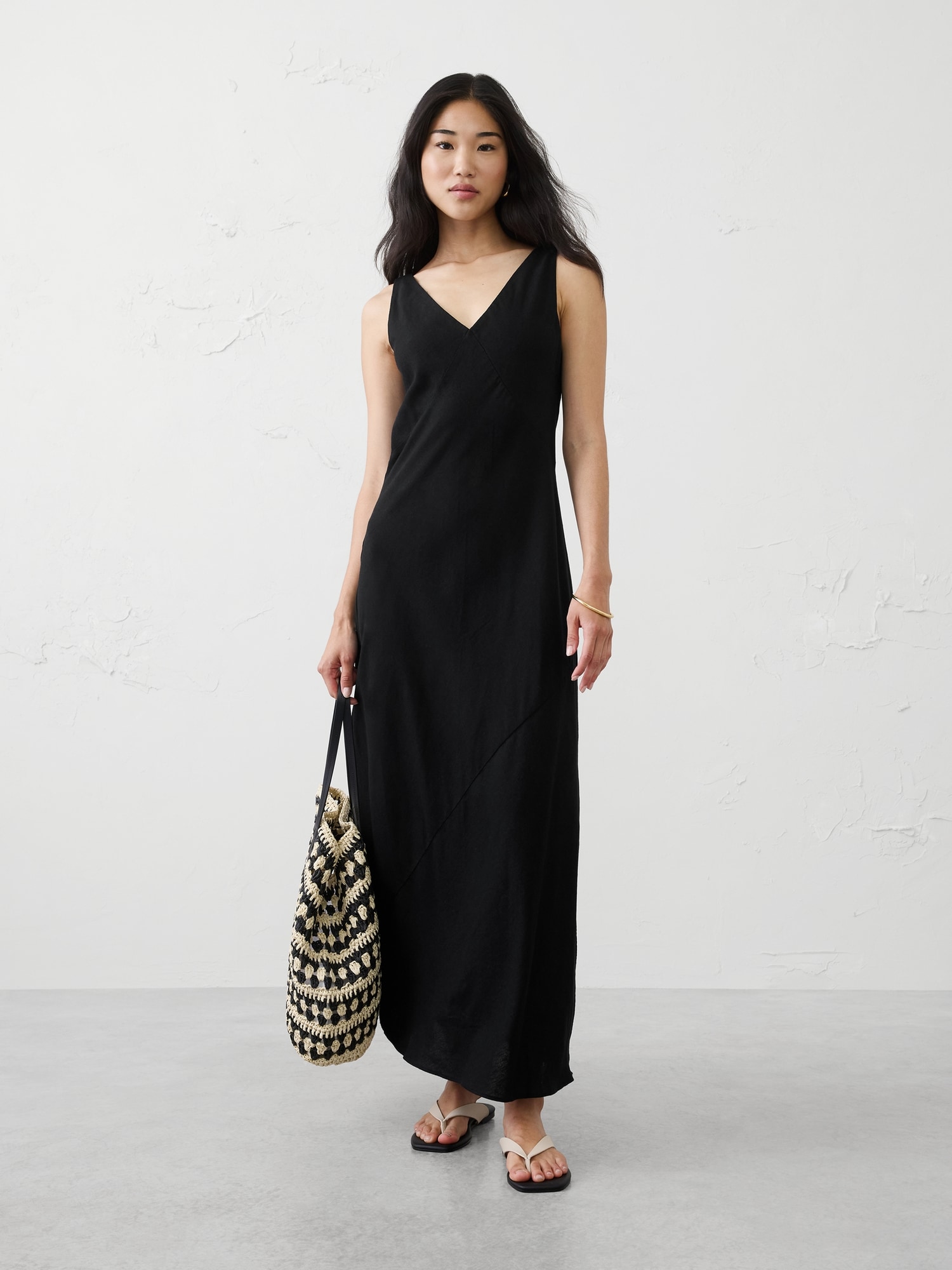 Image number 1 showing, Linen-Blend Side-Slit Maxi Dress