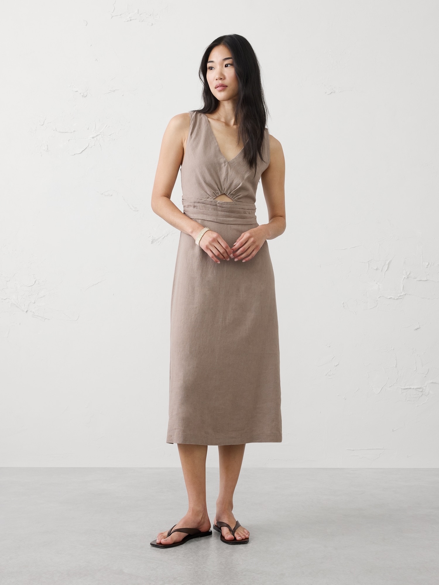 Image number 1 showing, Linen-Blend Cutout Midi Dress
