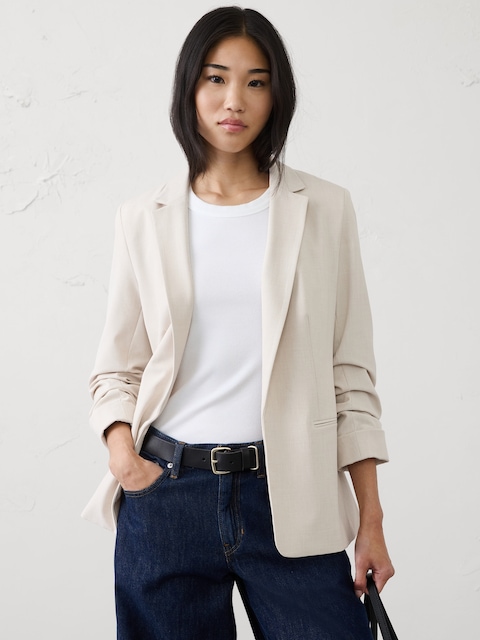 Sculpted Stretch Ruched-Sleeve Blazer
