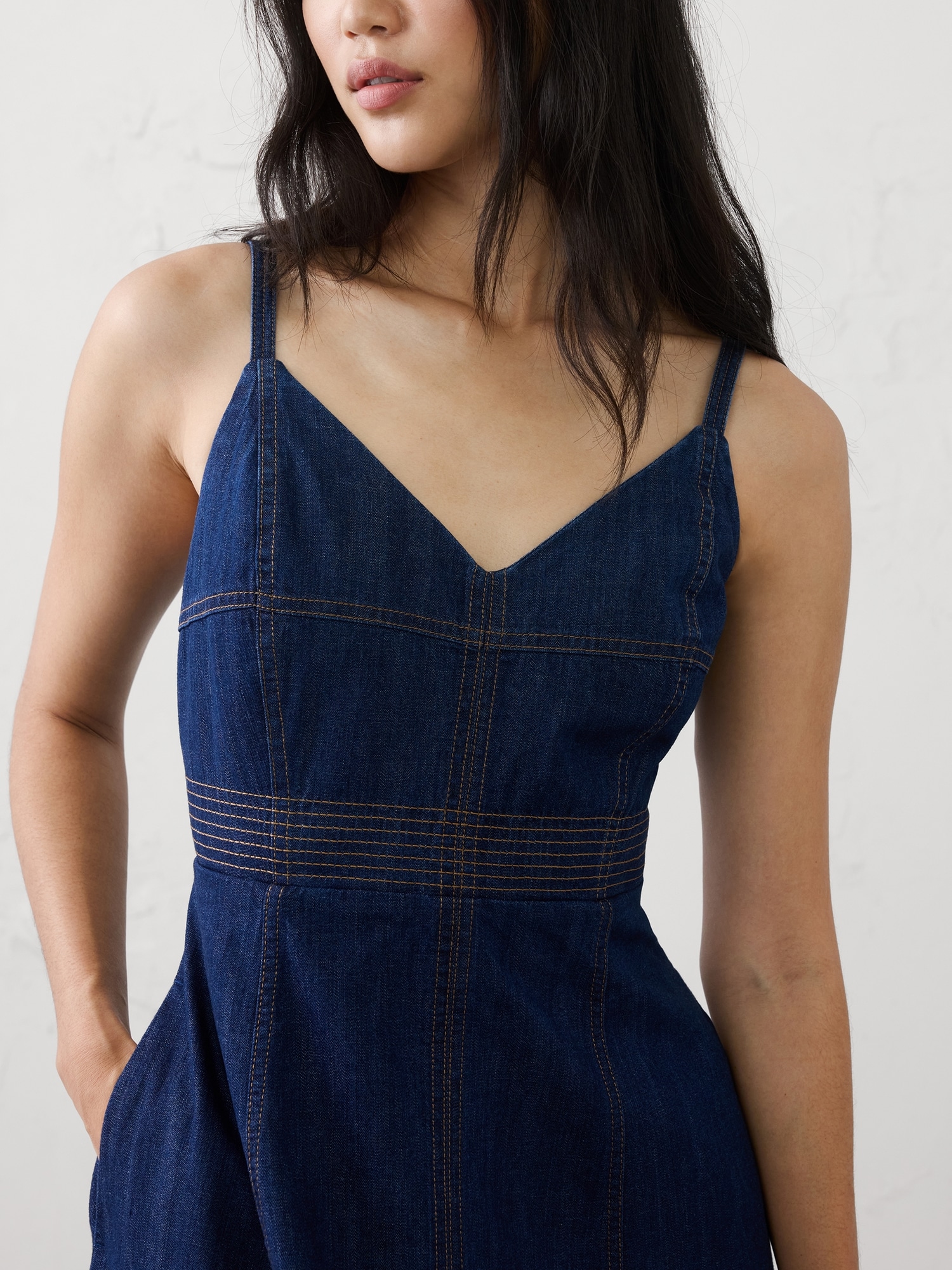 Image number 3 showing, Denim Contrast Stitch Midi Dress