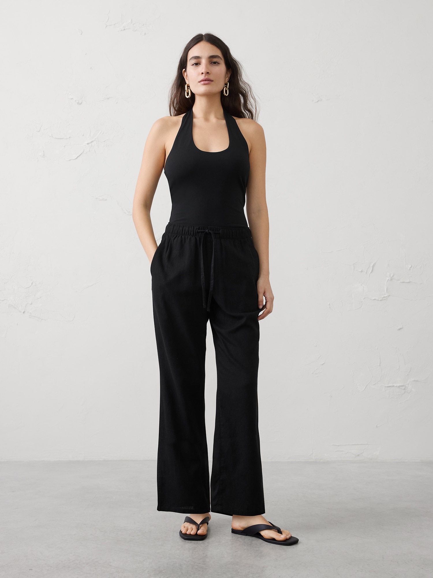 Image number 1 showing, Straight-Leg Mid-Rise Linen-Blend Pant