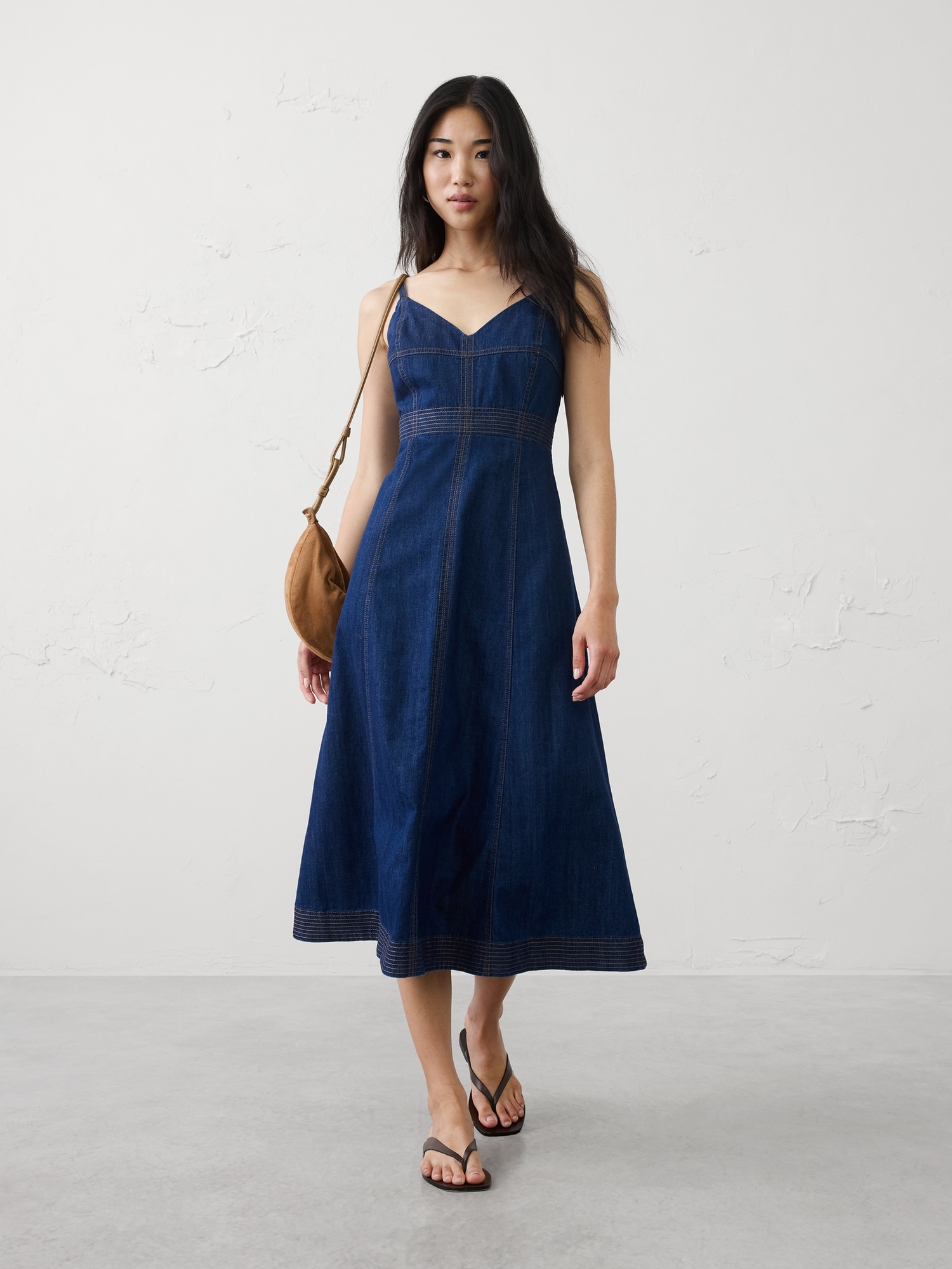 Image number 1 showing, Denim Contrast Stitch Midi Dress