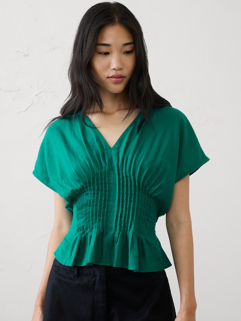Linen-Blend Pintuck-Waist Top