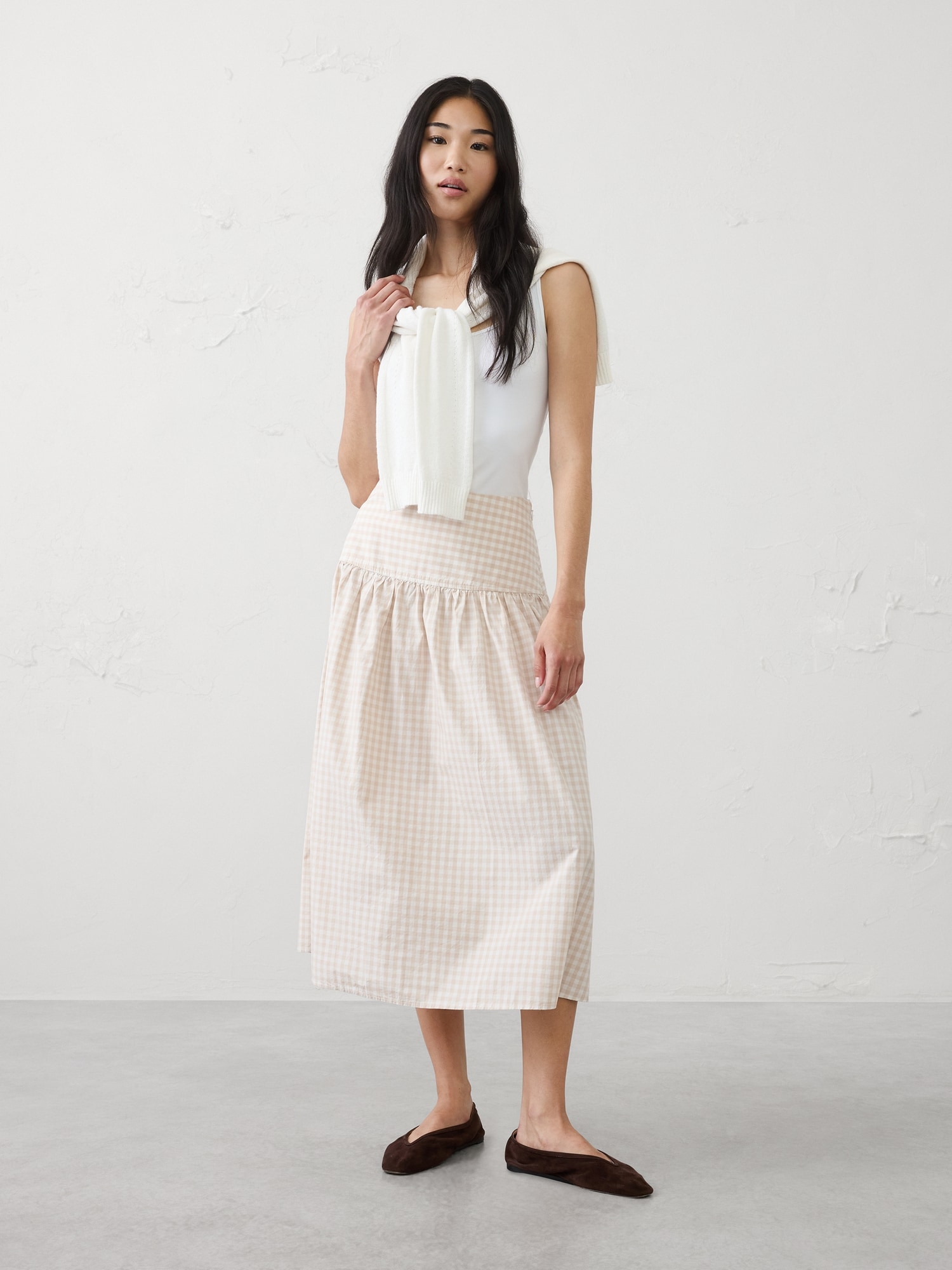 Image number 1 showing, Poplin Drop-Waist Midi Skirt