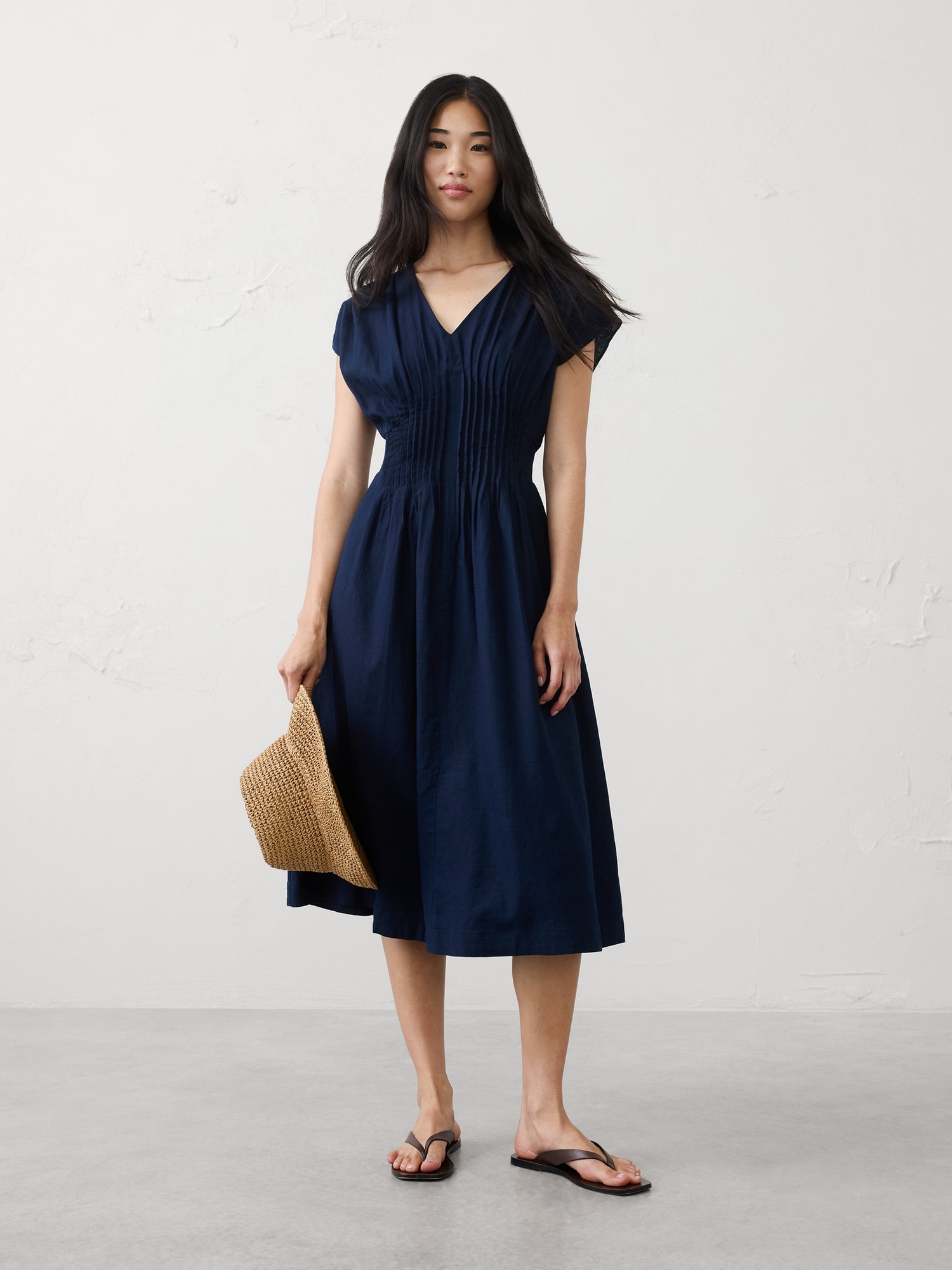 Image number 1 showing, Linen-Blend Pleated-Waist Midi Dress