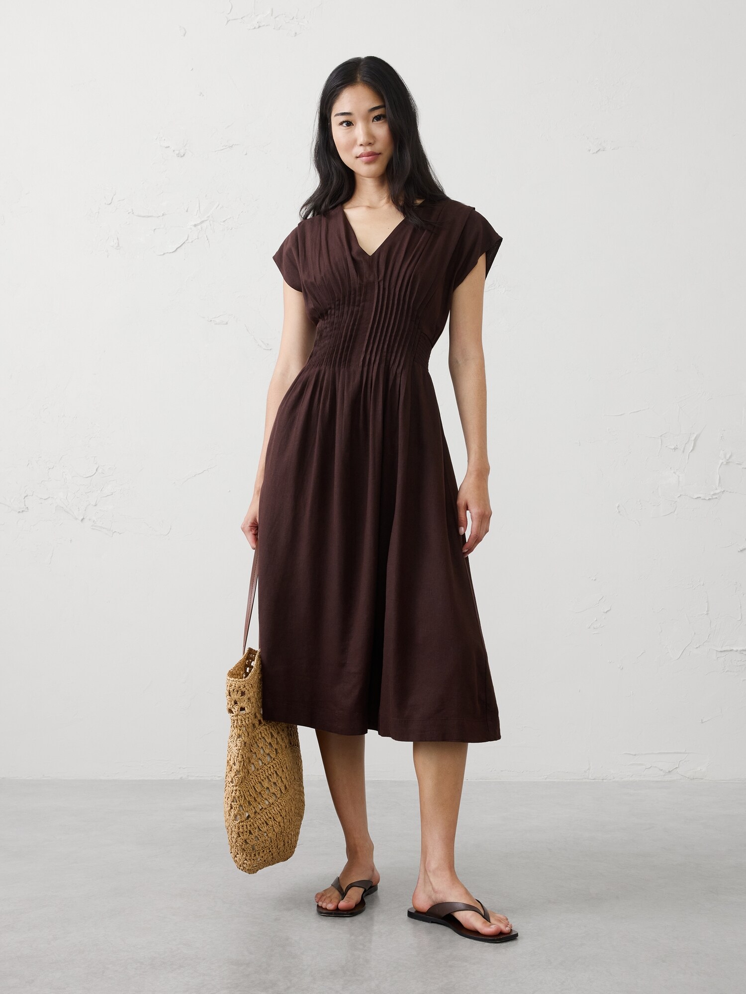 Image number 1 showing, Linen-Blend Pleated-Waist Midi Dress