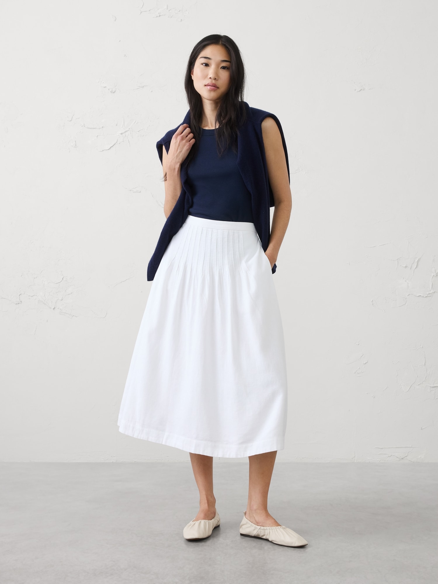 Image number 1 showing, Linen-Blend Pintuck Midi Skirt