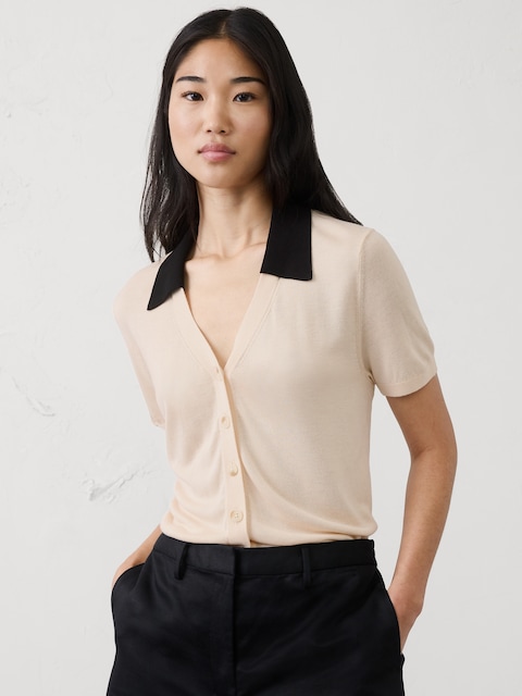 Button-Down V-Neck Sweater Polo