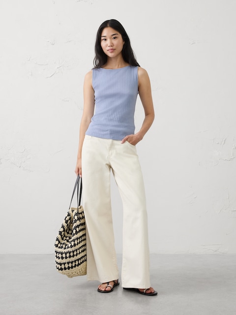Pointelle Ribbed Boatneck Top