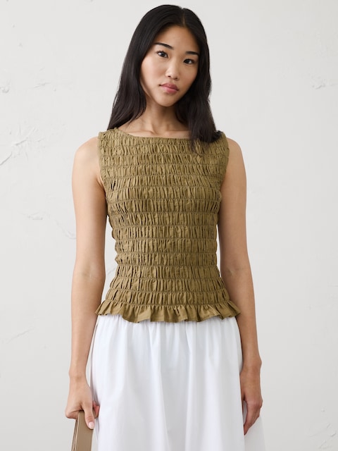 Boatneck Smocked Cropped Top