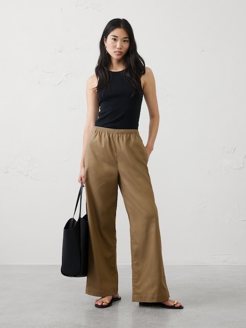 Wide-Leg High-Rise Drapey Twill Pull-On Pant