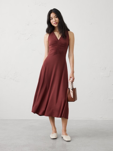 Shirred V-Neck Midi Dress