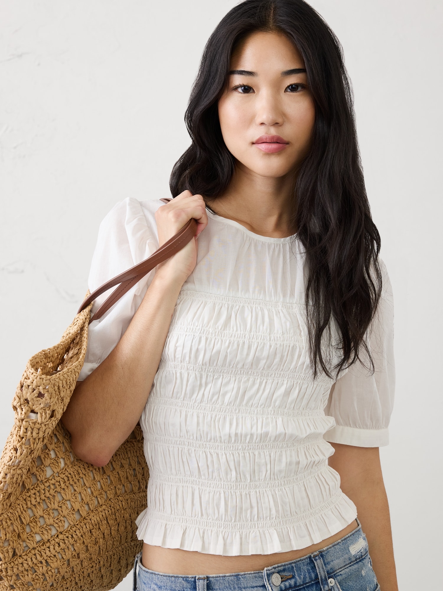 Image number 1 showing, High-Neck Smocked Cropped Top
