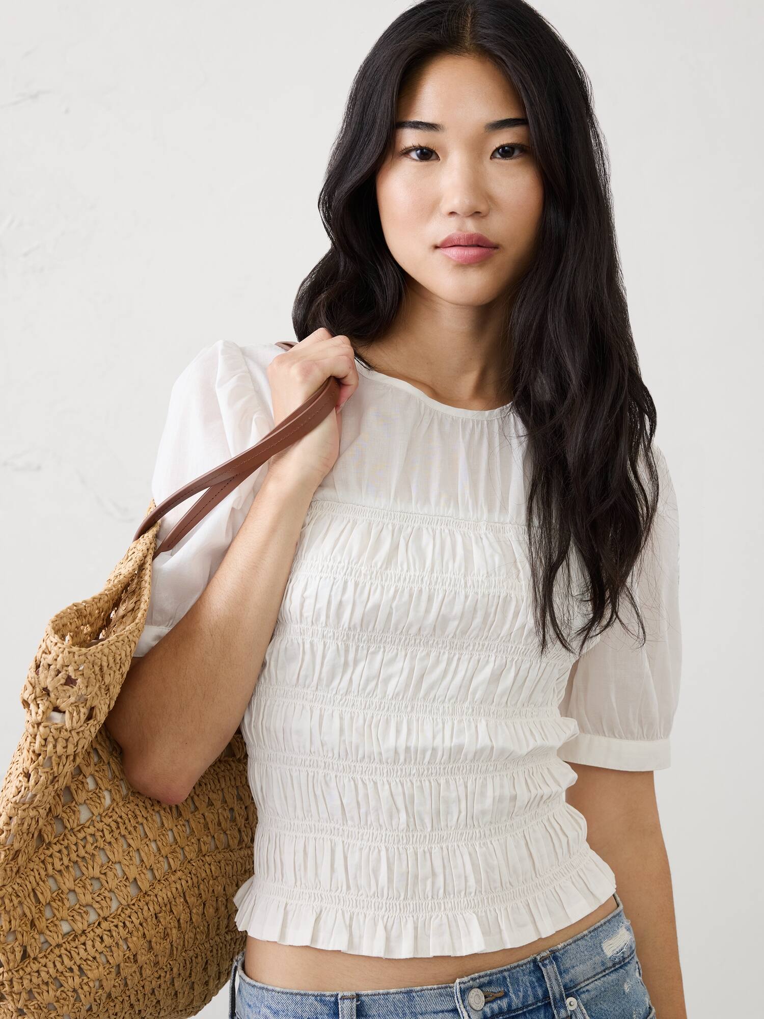 High-Neck Smocked Cropped Top