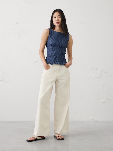Boatneck Smocked Cropped Top