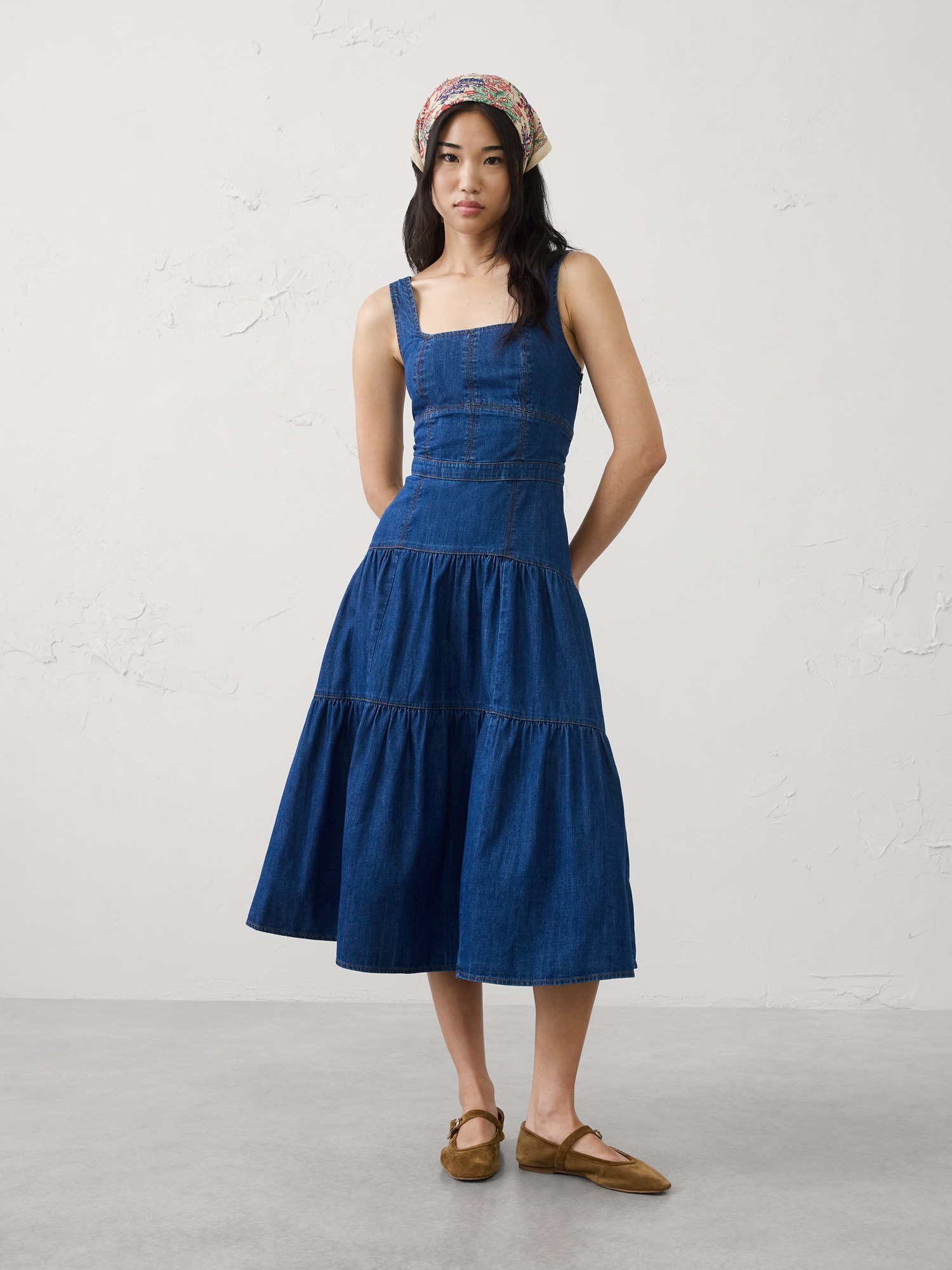Image number 1 showing, Square-Neck Tiered Denim Midi