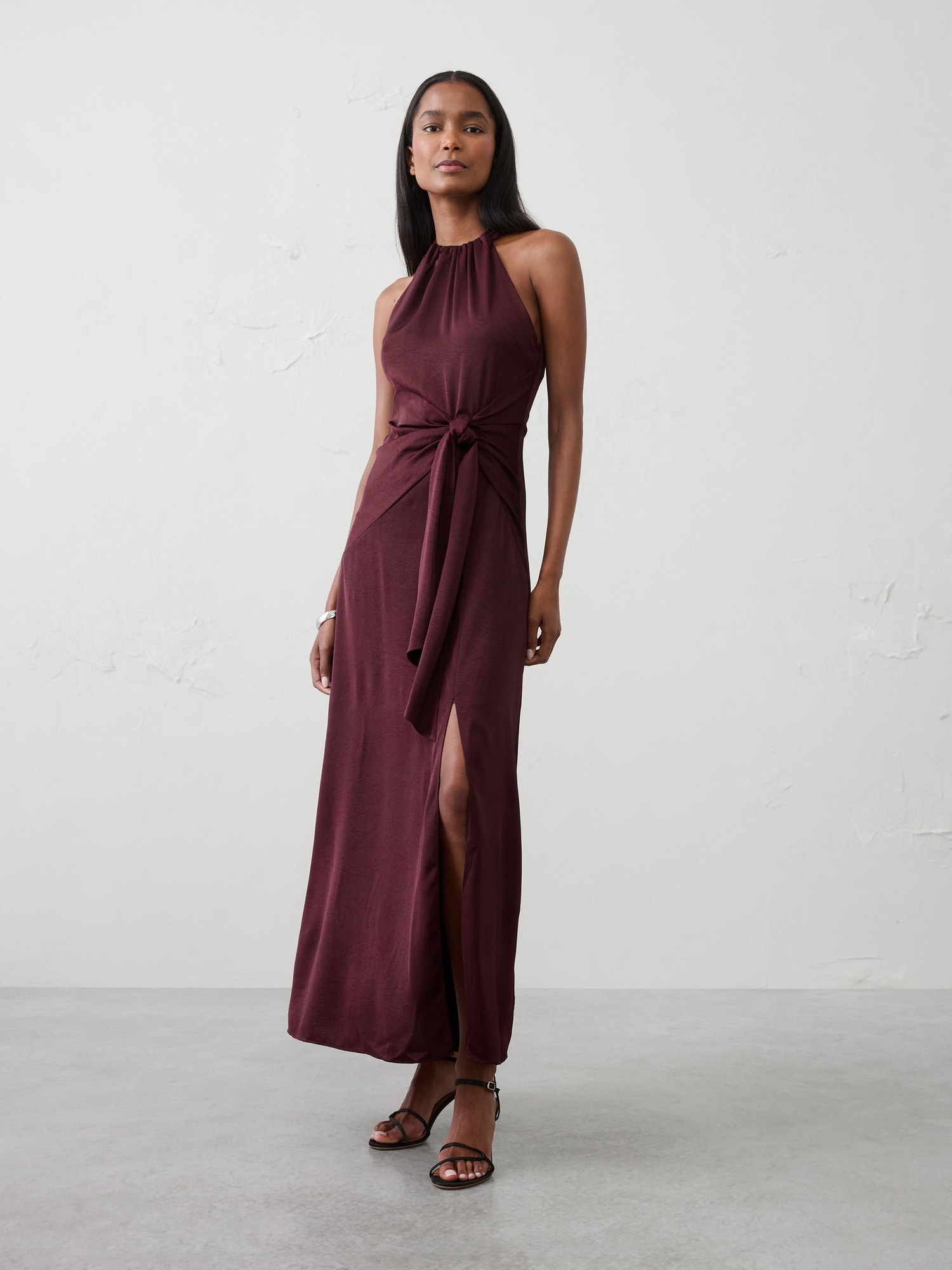 Image number 1 showing, Satin Halter Tie-Waist Maxi Dress