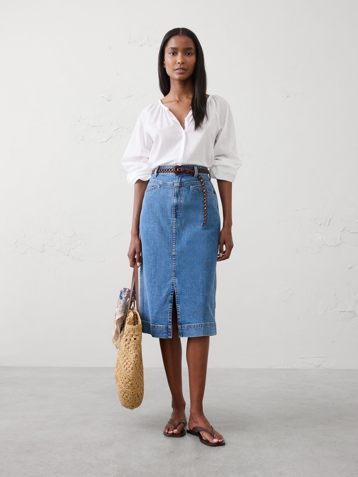 Denim Slit-Front Midi Skirt