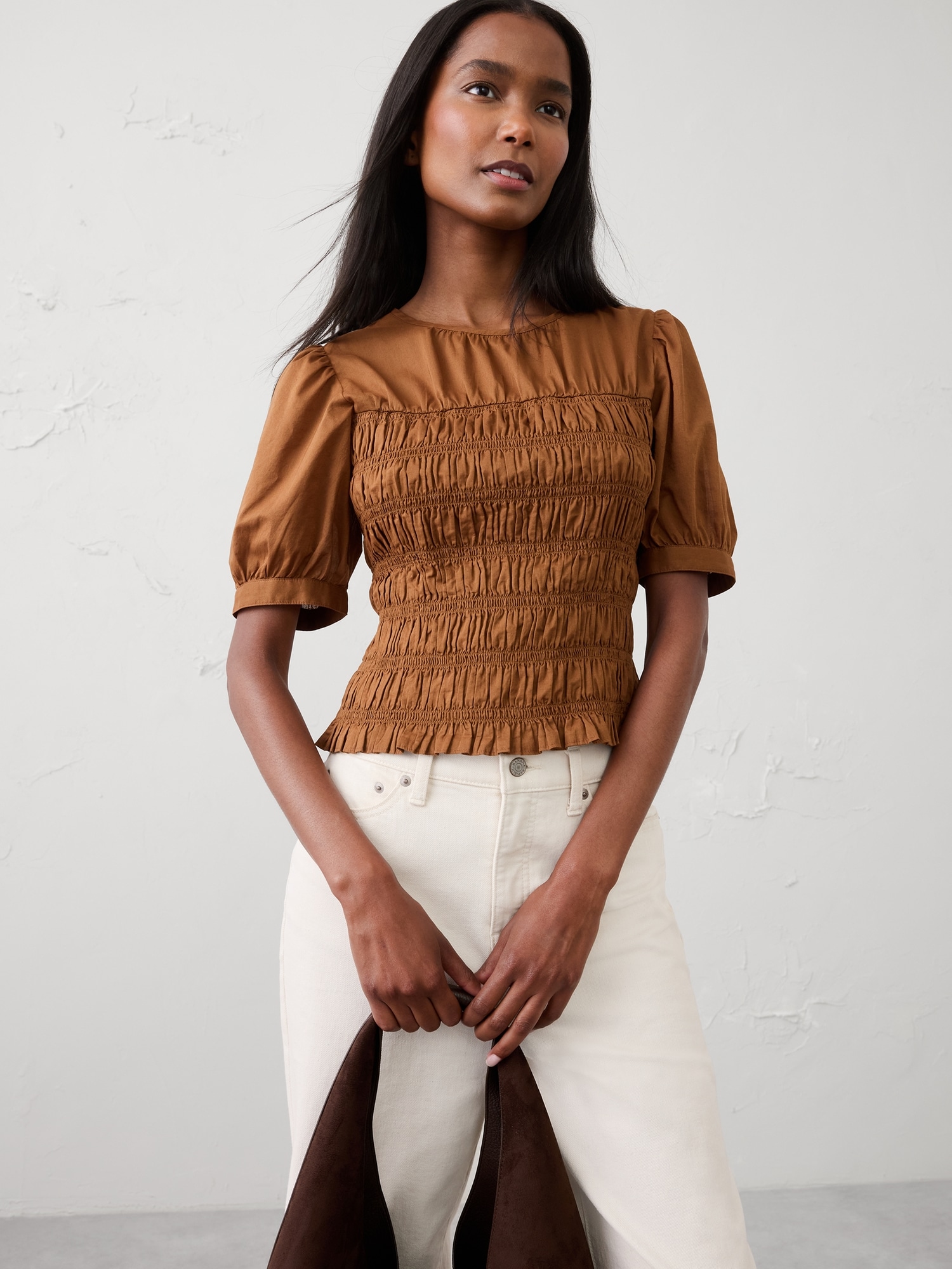 Image number 1 showing, High-Neck Smocked Cropped Top