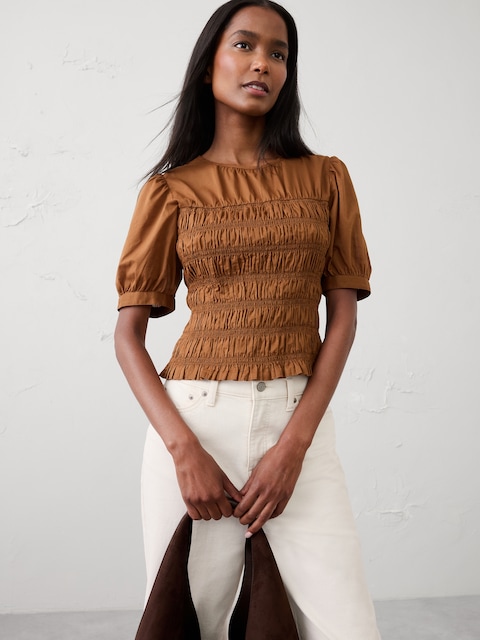 High-Neck Smocked Cropped Top