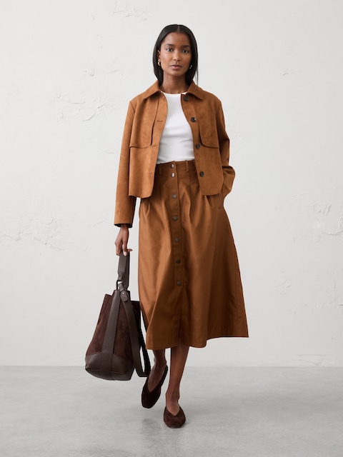 Seamed Button-Front Midi Skirt