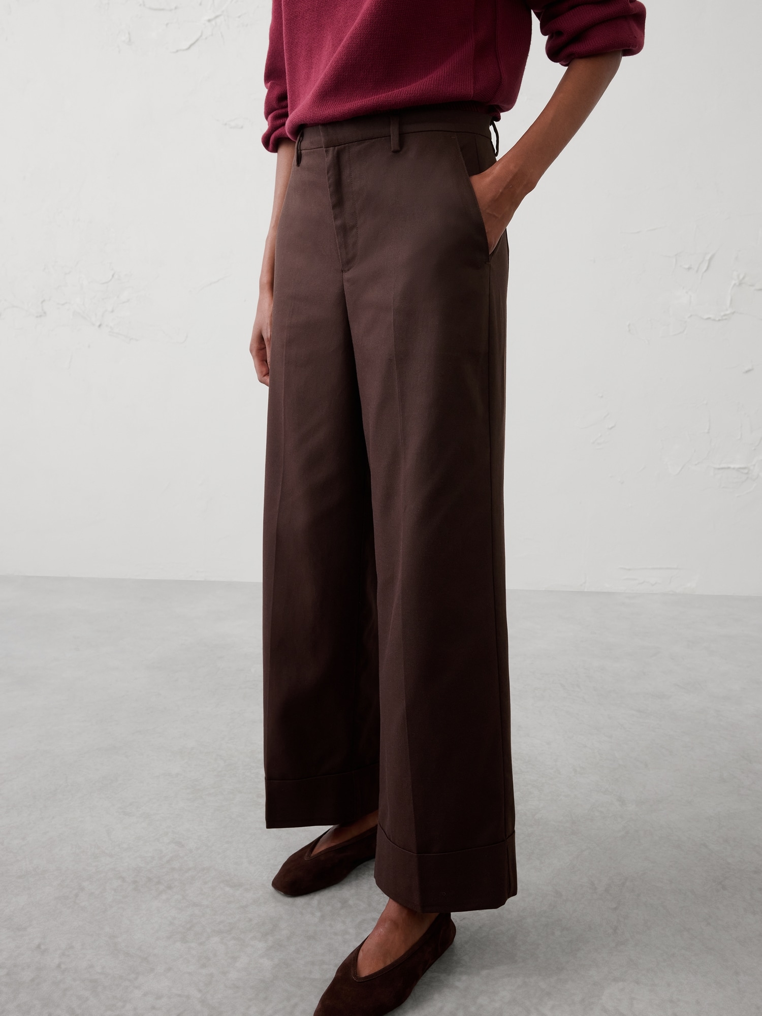 Image number 3 showing, Wide-Leg Mid-Rise Drapey Twill Cuffed Pant