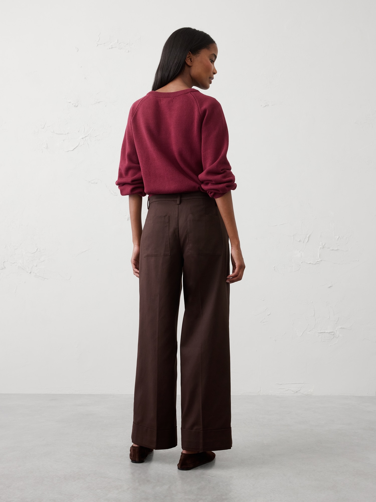 Image number 2 showing, Wide-Leg Mid-Rise Drapey Twill Cuffed Pant