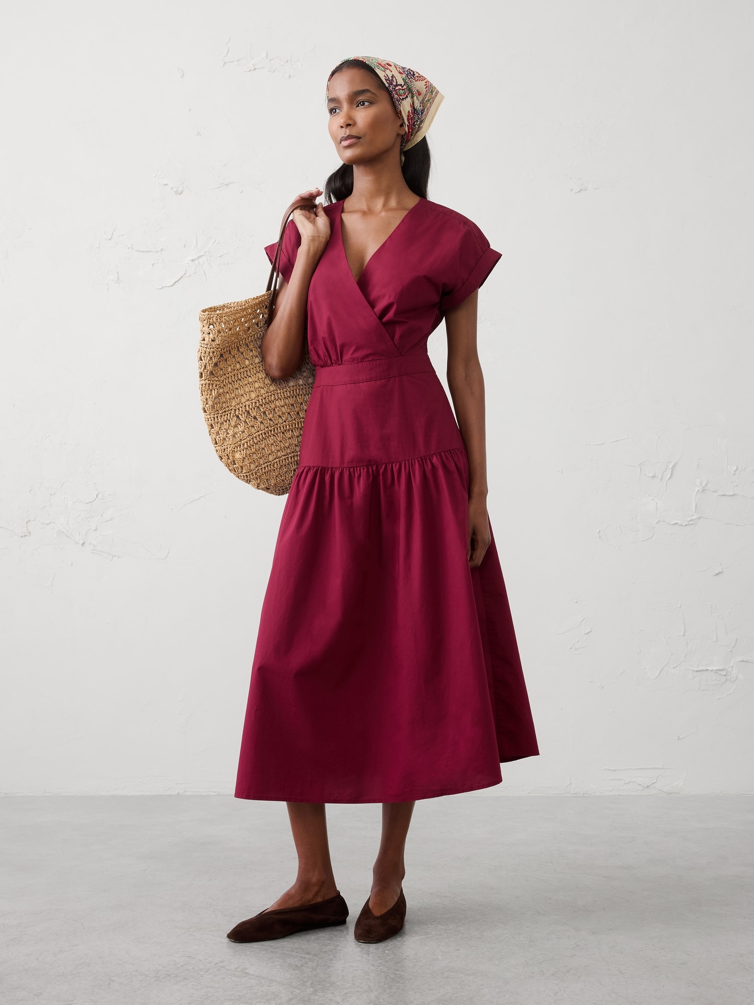 Image number 1 showing, Poplin Surplice Midi Dress
