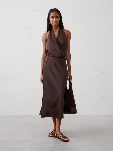 Crushed Satin Midi Slip Skirt