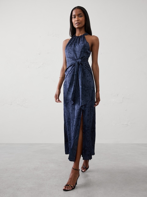 Satin Halter Tie-Waist Maxi Dress