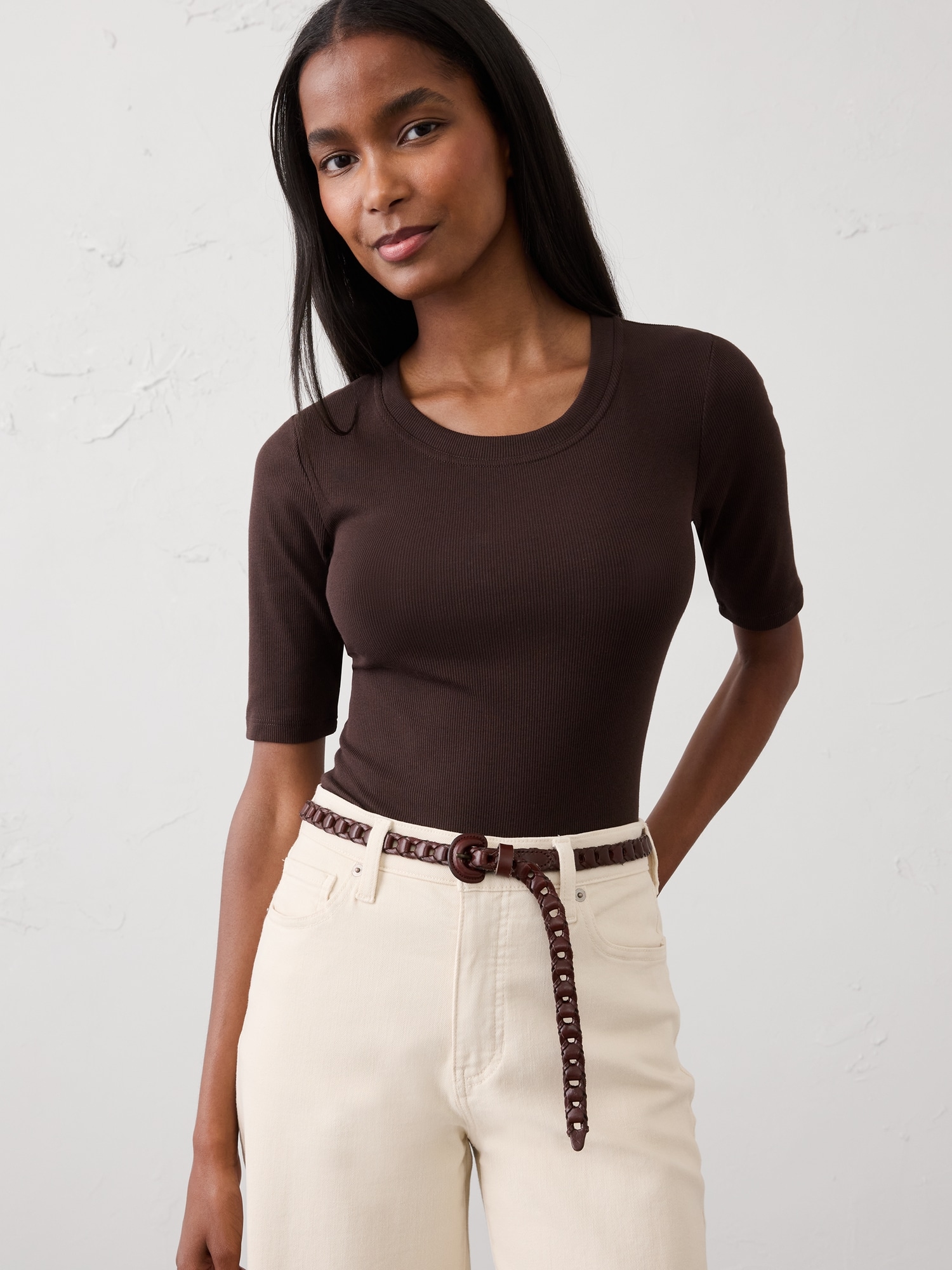 Image number 1 showing, Ribbed Elbow-Sleeve T-Shirt
