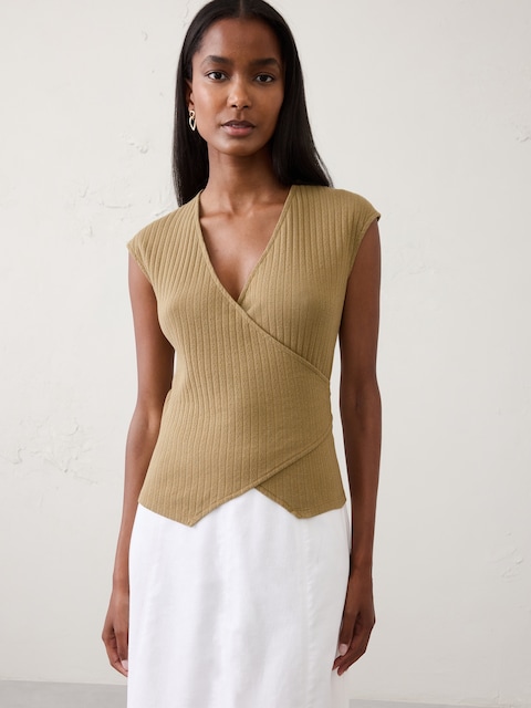 Pointelle Ribbed Wrap-Front Top