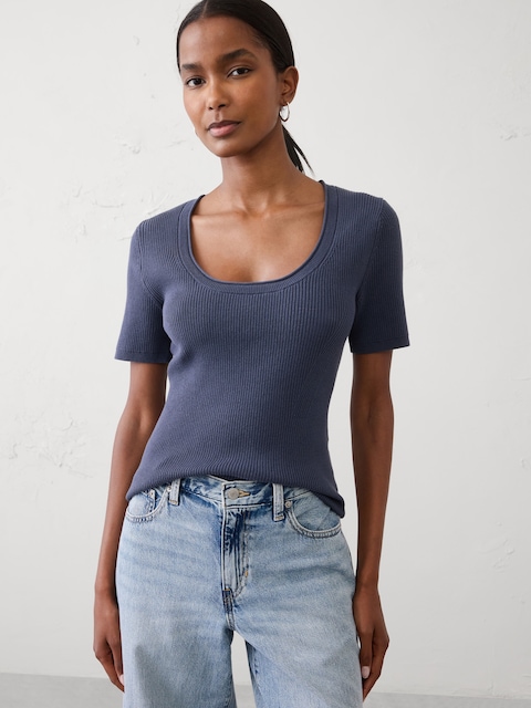 Cotton Ribbed Scoop-Neck Sweater