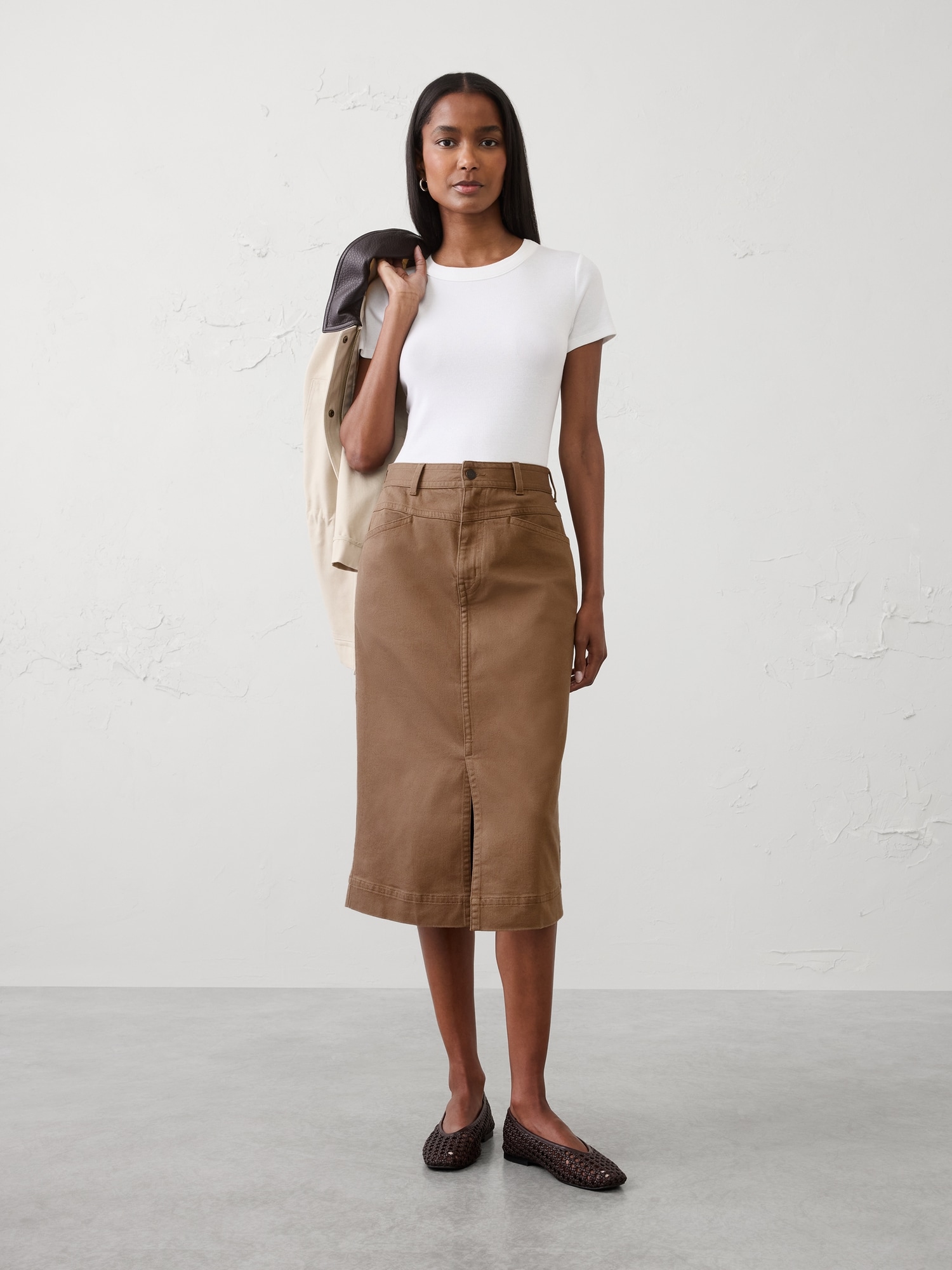Image number 1 showing, Denim Slit-Front Midi Skirt