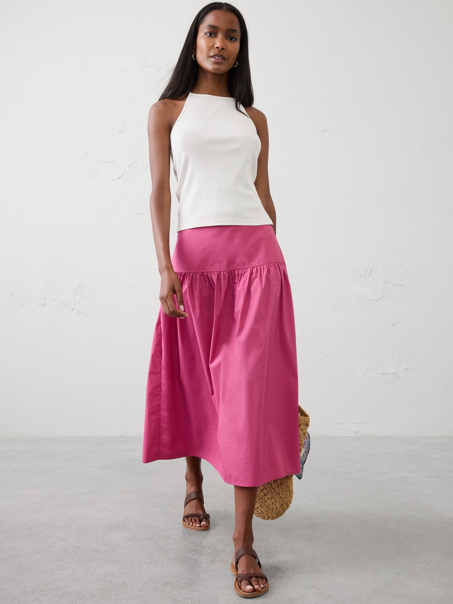 Image number 1 showing, Poplin Drop-Waist Midi Skirt