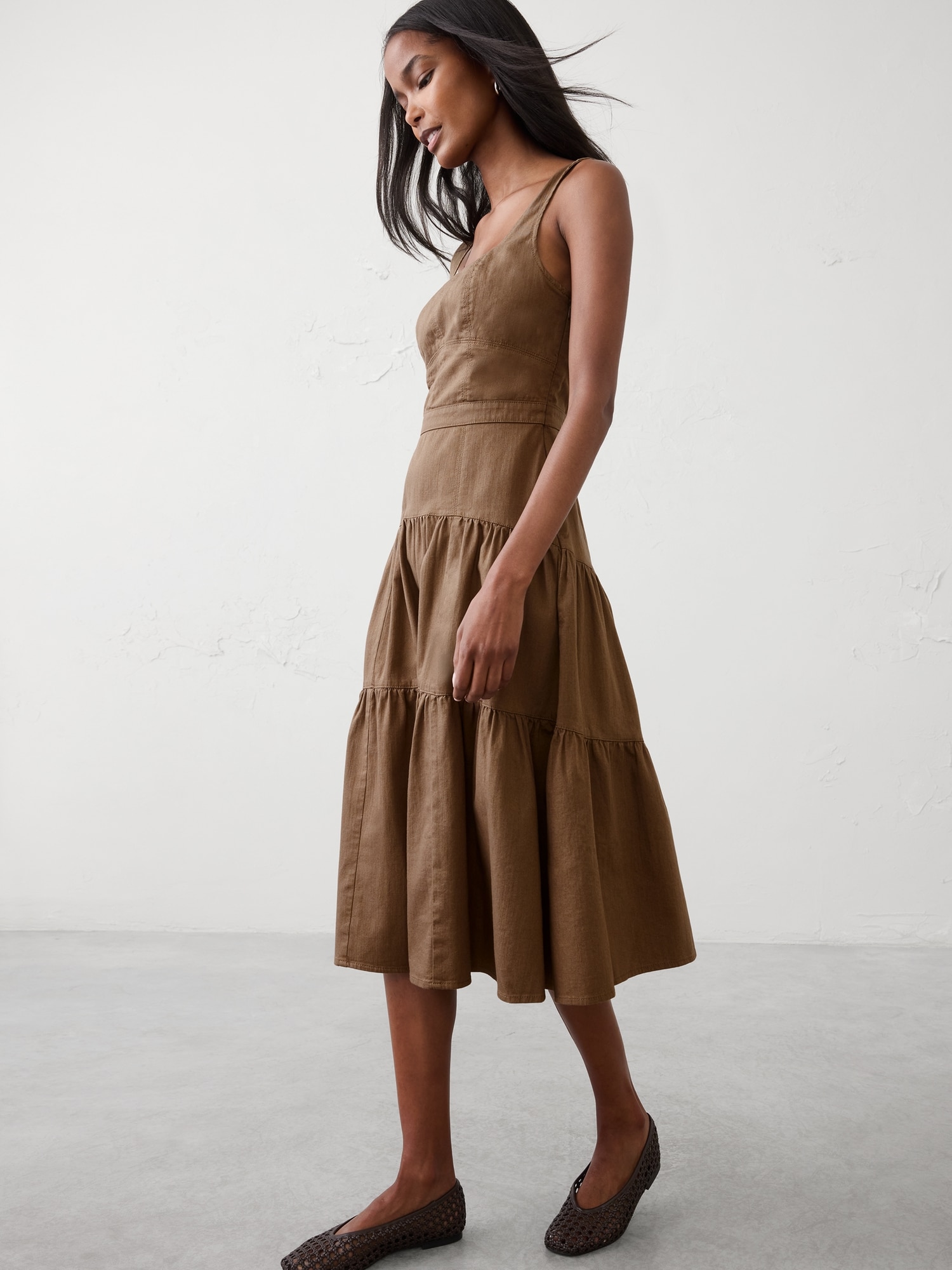 Image number 1 showing, Square-Neck Tiered Denim Midi Dress