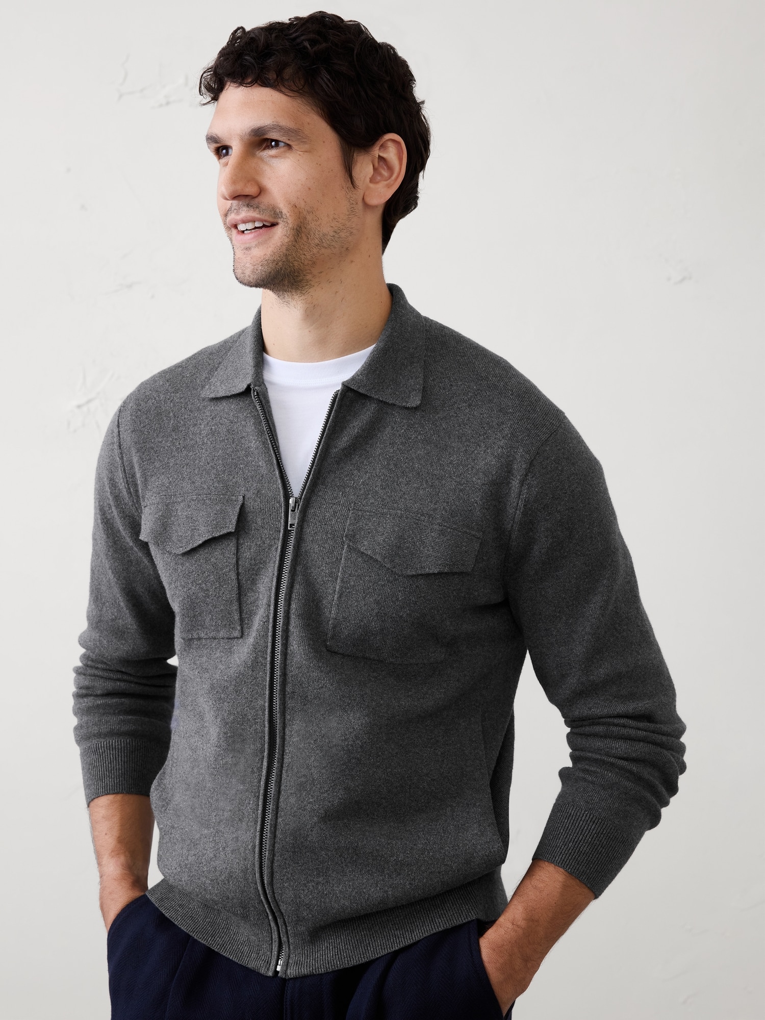 Image number 1 showing, Chest-Pocket Zippered Sweater Jacket