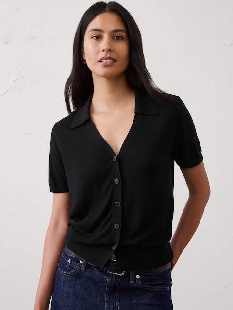 Button-Down V-Neck Sweater Polo