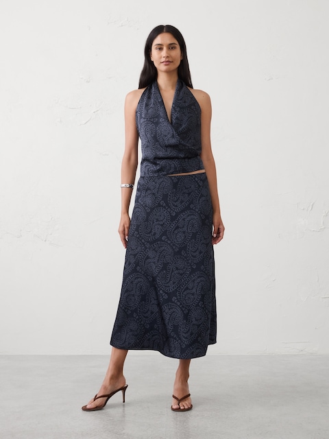 Crushed Satin Midi Slip Skirt