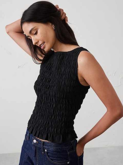 Boatneck Smocked Cropped Top