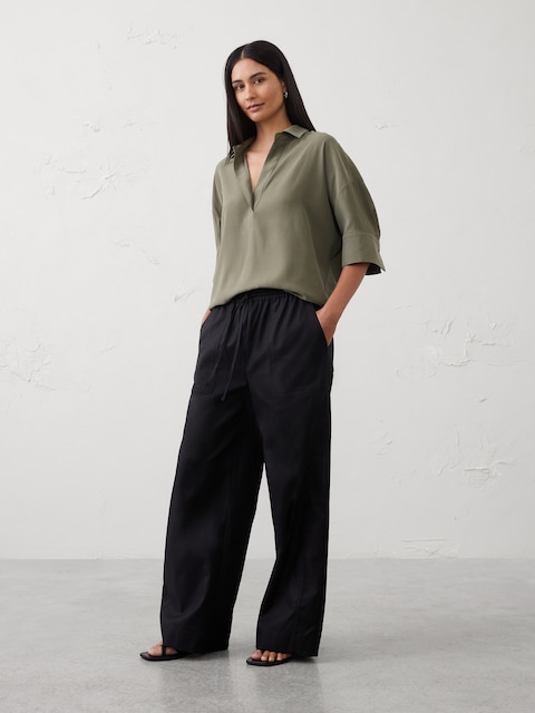 Drapey Twill Collared Popover Top
