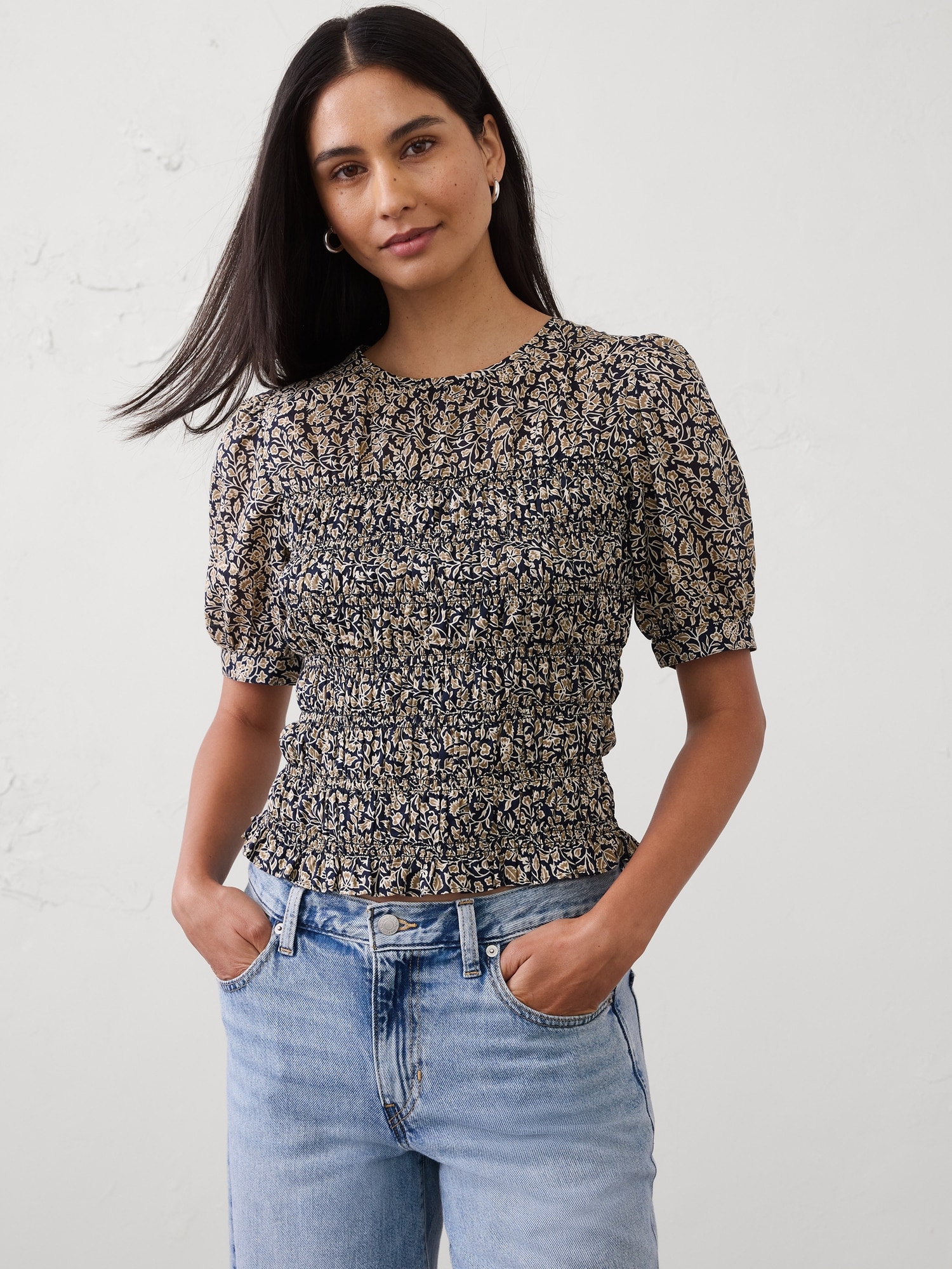 Image number 1 showing, High-Neck Smocked Cropped Top