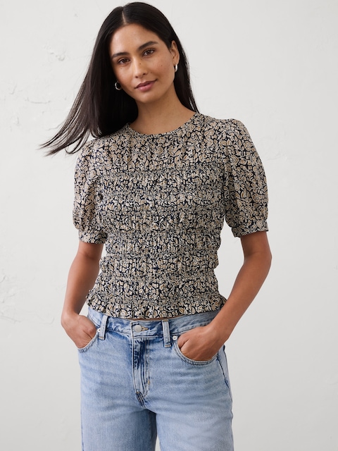 High-Neck Smocked Cropped Top