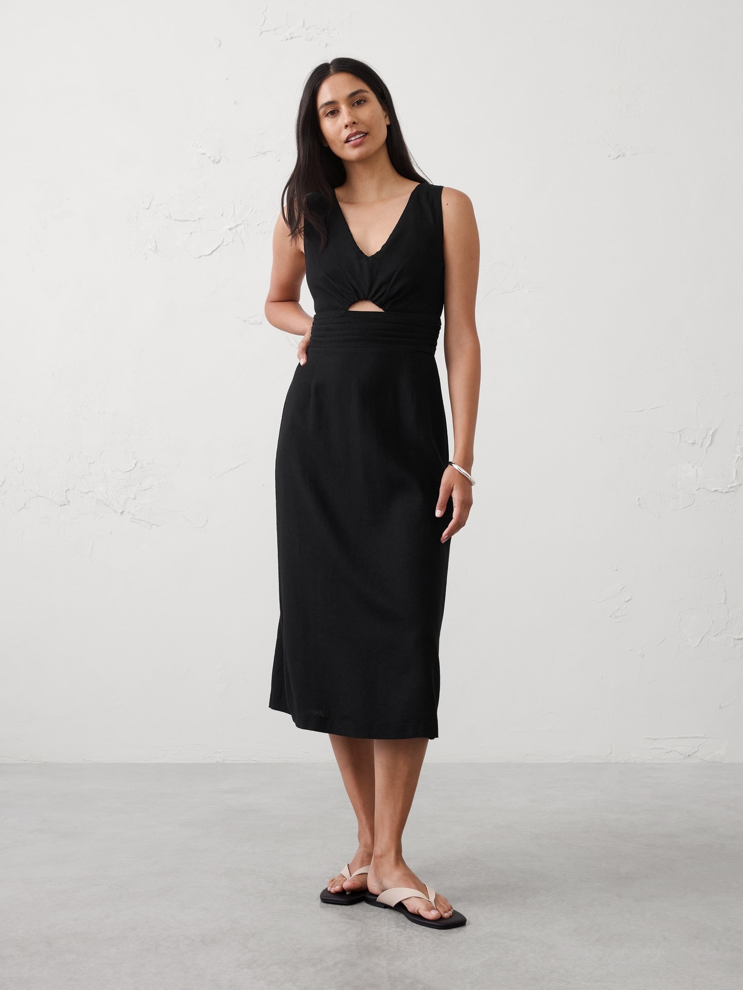 Image number 1 showing, Linen-Blend Cutout Midi Dress